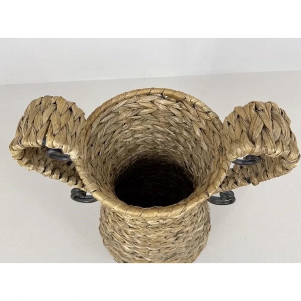 Vintage Wicker Umbrella Stand Holder Tall Floor Vase Metal Base Boho 18